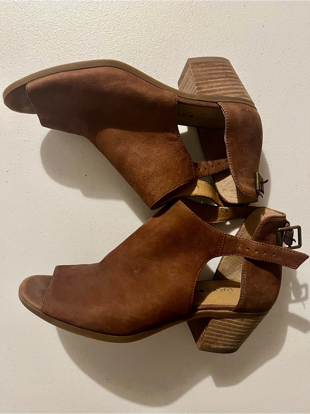 Lucky Brand Brown Suede Peep-Toe Block Heel Sandals